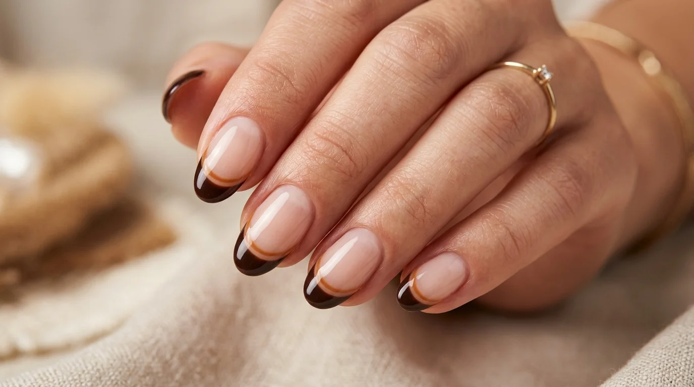 Double-line espresso French nails with caramel detail 2026