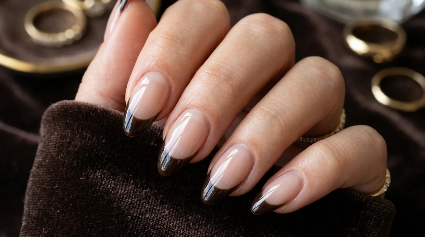 High-gloss espresso French nails with mirror shine 2026