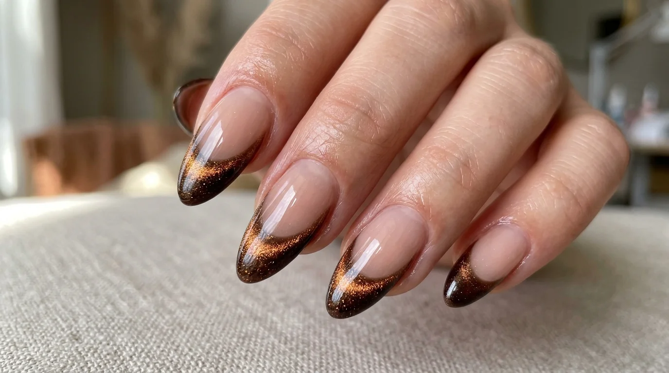 Cat-eye espresso French nails with bronze shimmer for fall 2026