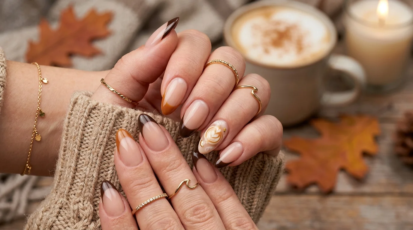 Two-tone espresso and caramel French nails 2026