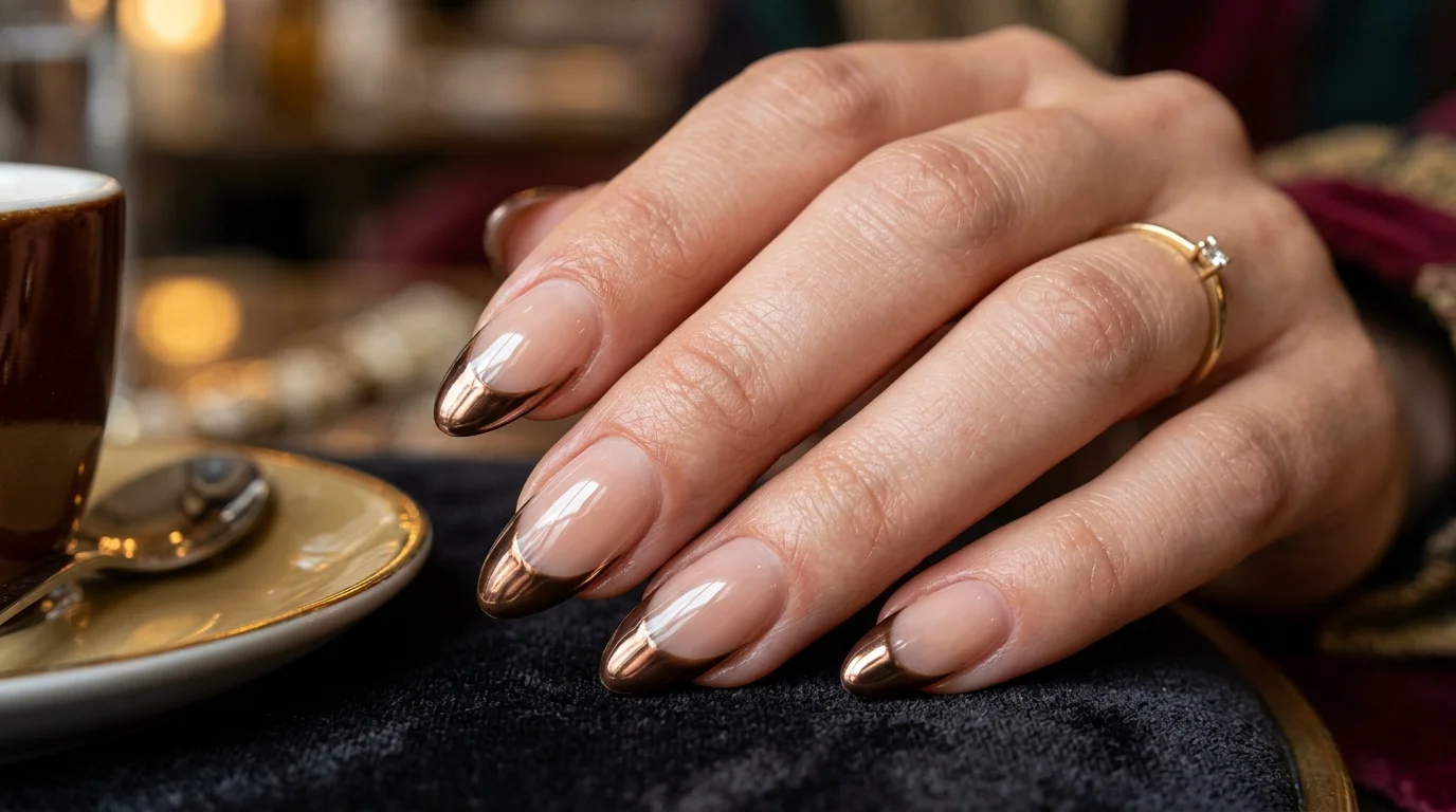 Chrome espresso French nails with metallic finish 2026