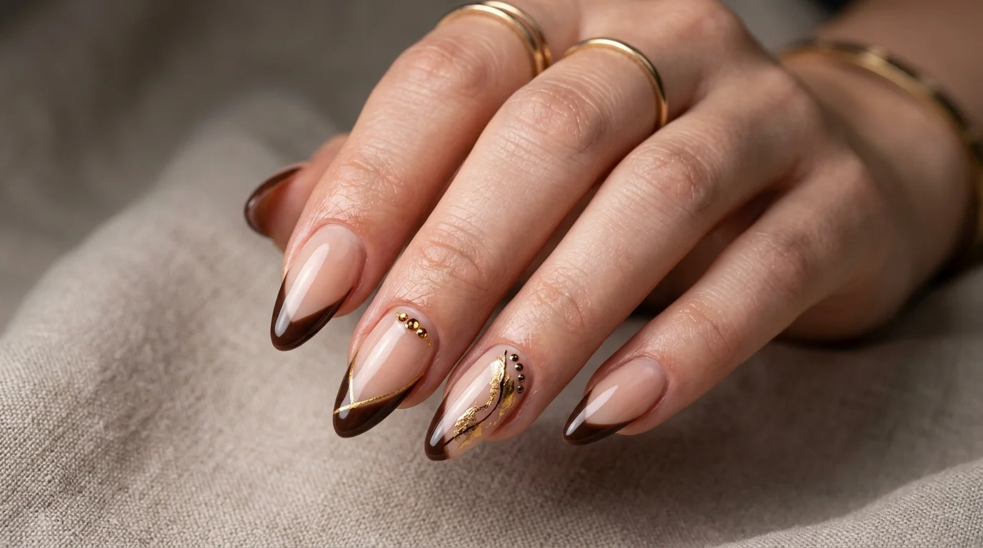 Diagonal espresso French nails modern look 2026