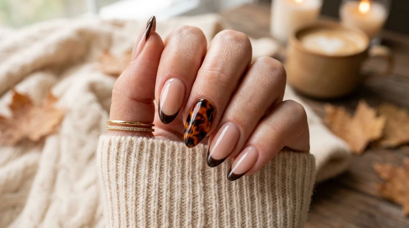 Espresso French nails with tortoiseshell accent nail 2026