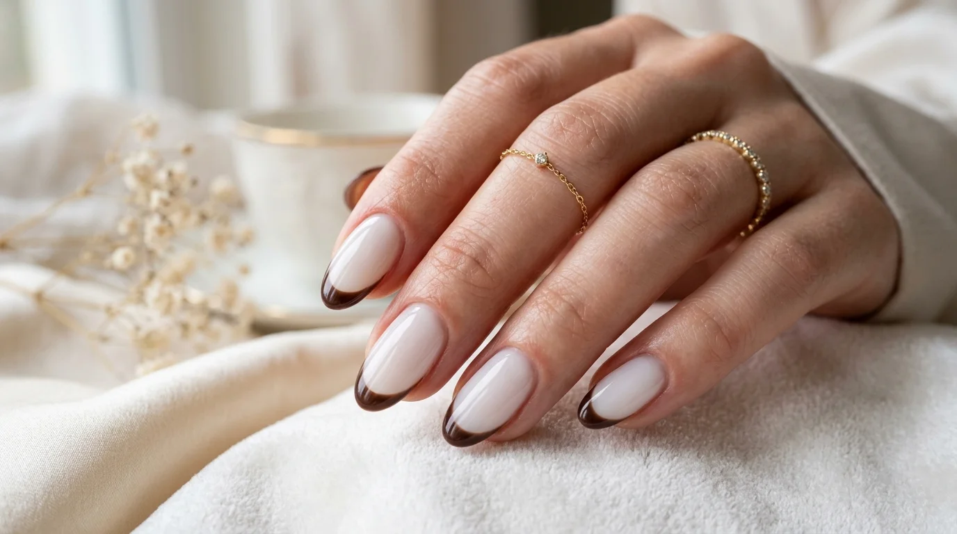 Milky base espresso French nails for fall 2026