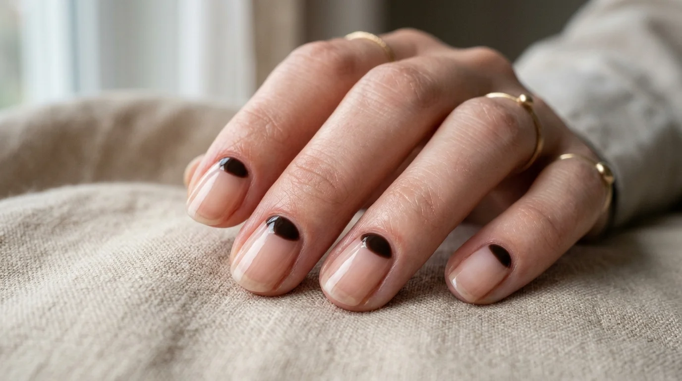 Reverse espresso French nails with chocolate half-moons 2026