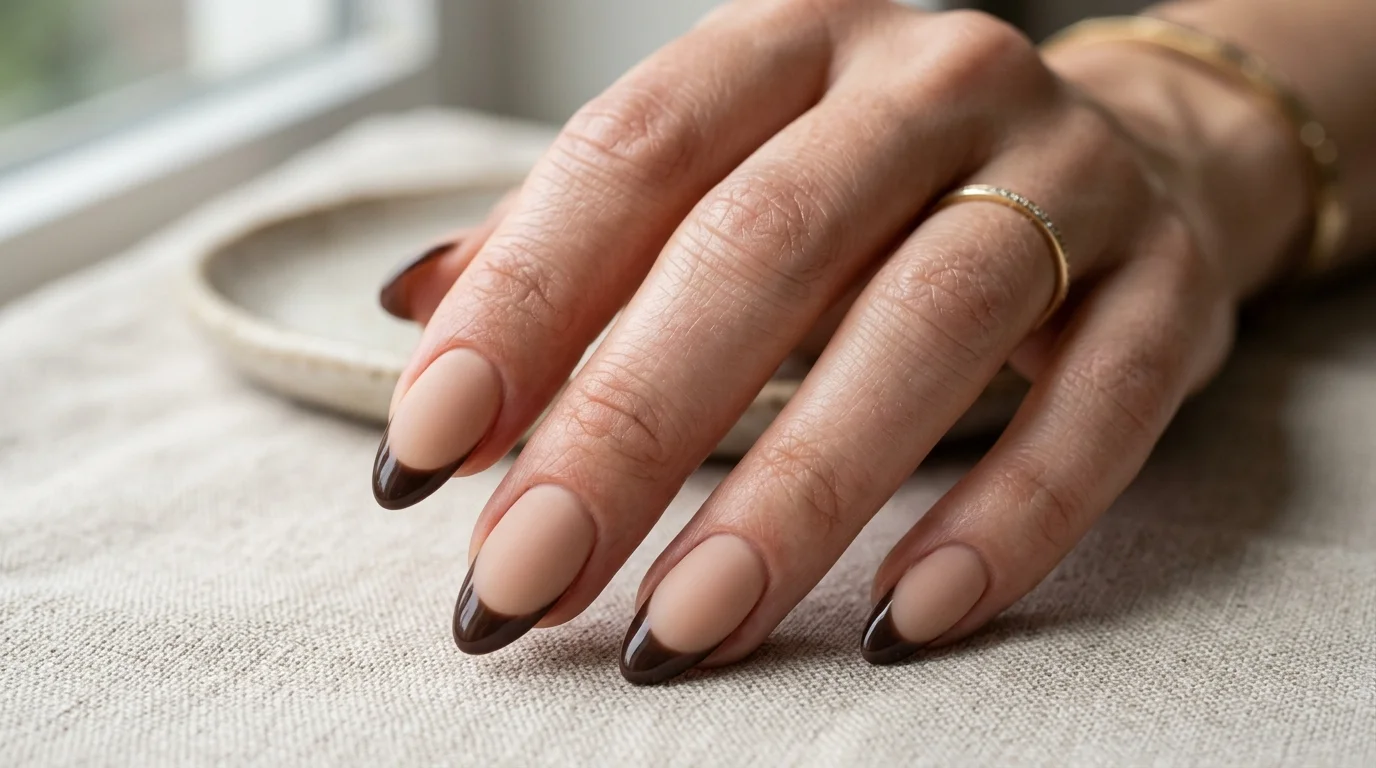 Matte base glossy espresso French tips nails 2026
