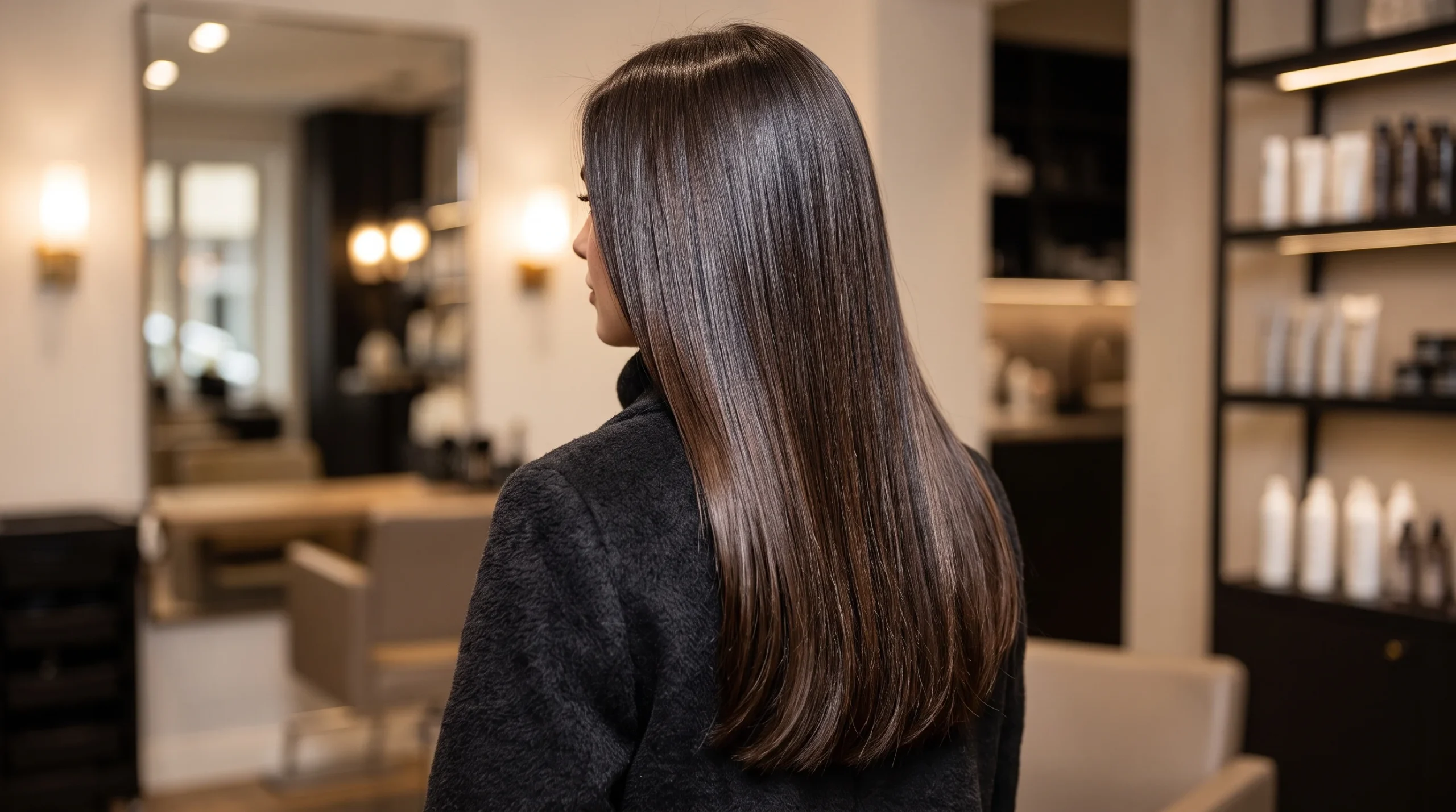 Brunette hair deepened with rich winter tones for fall to winter hair color