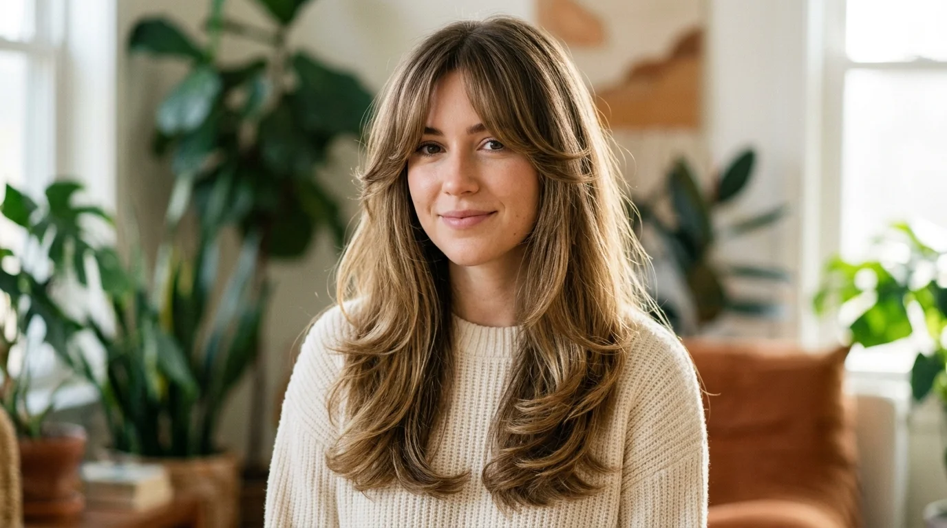 Face framing layers with curtain bangs, a flattering hairstyle for family photos