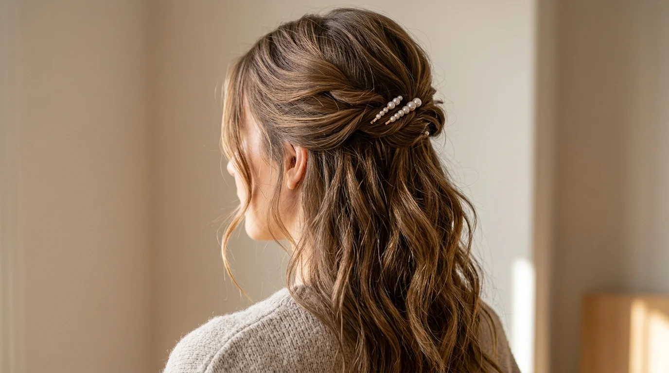 Half up hairstyle with pearl clips for family photos