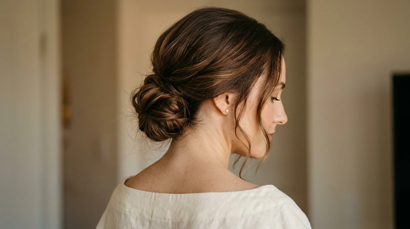 Loose low chignon hairstyle for family photos