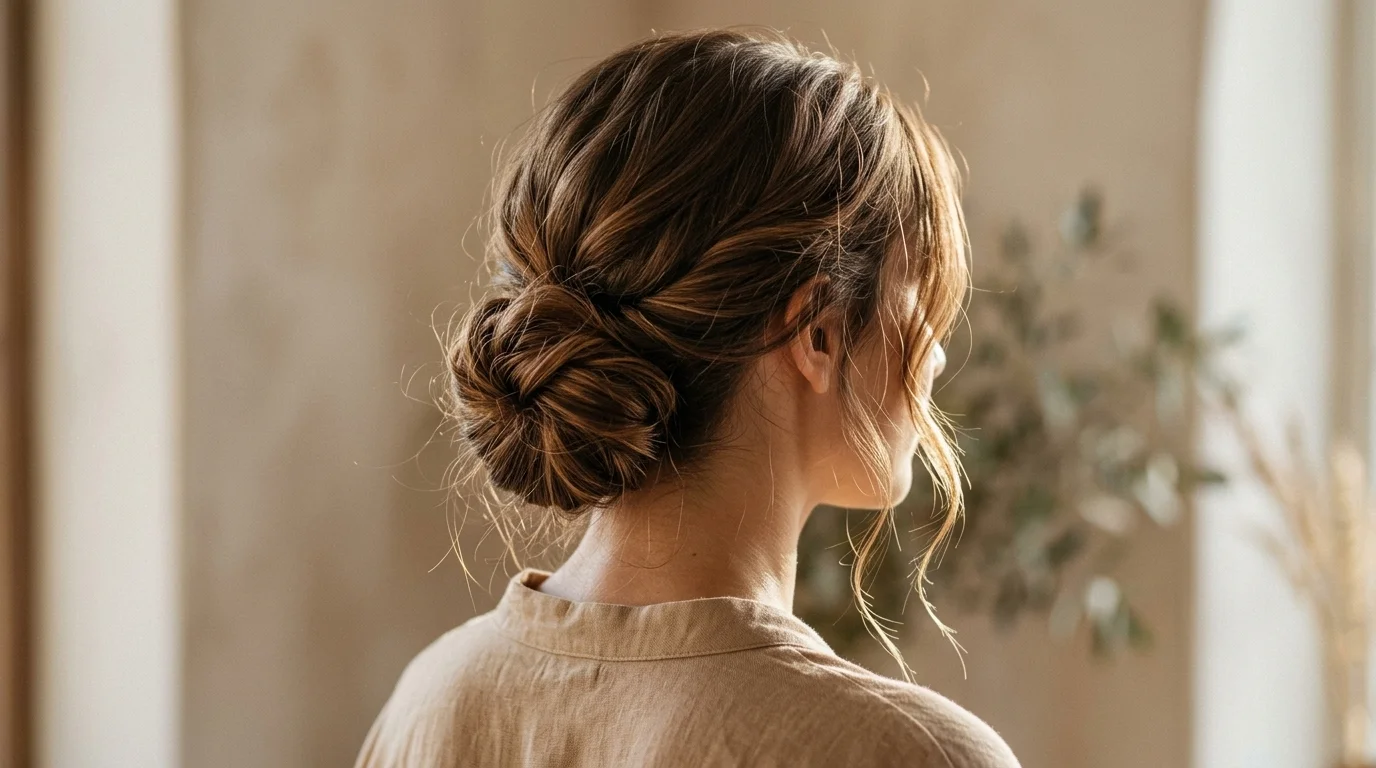 Low textured bun with tendrils, an elegant hairstyle for family photos