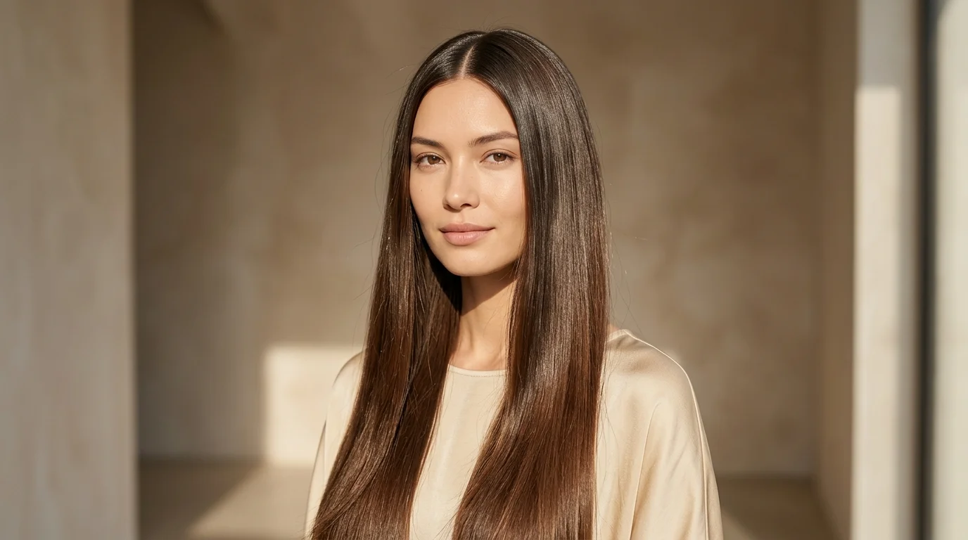 Sleek center parted straight hairstyle for family photos