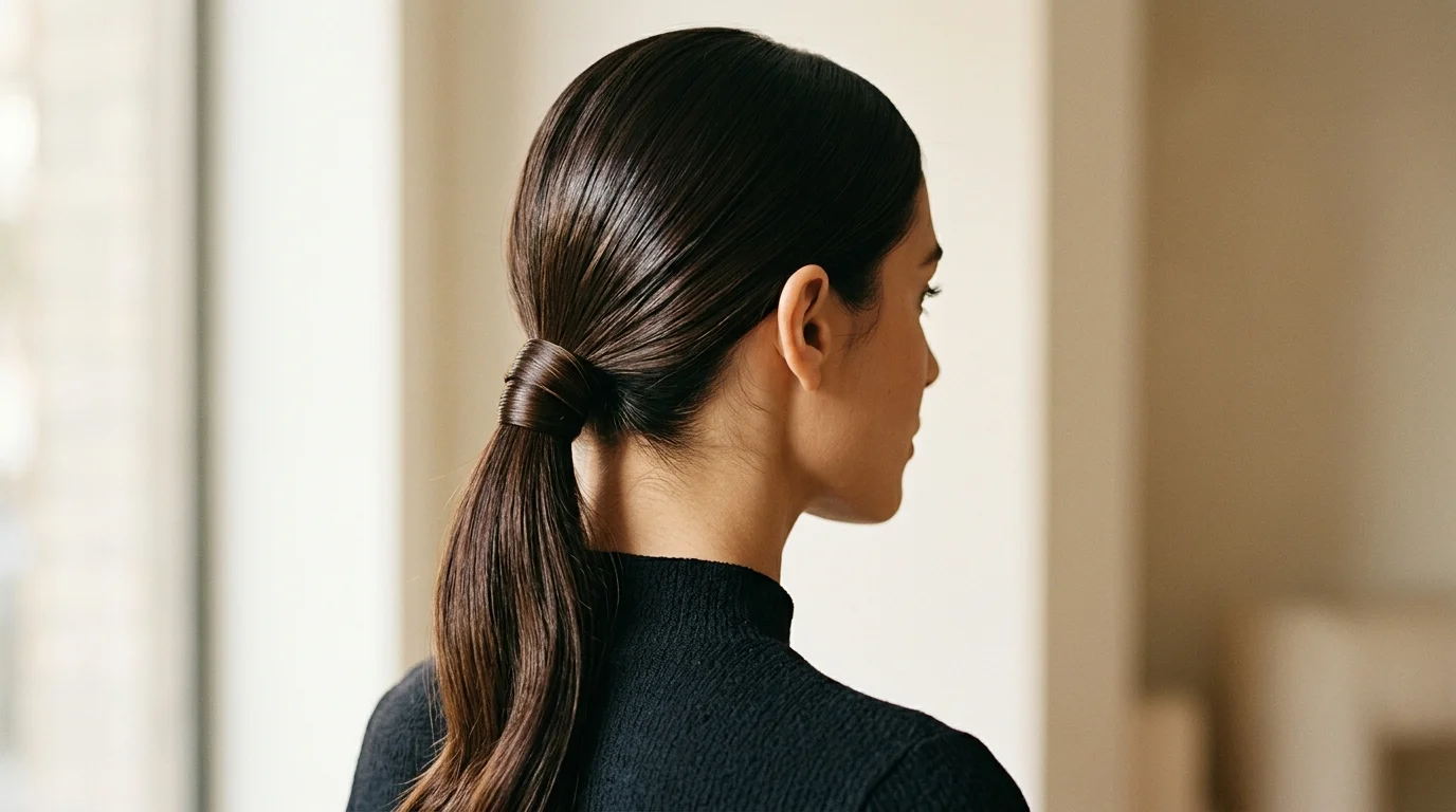 Sleek low ponytail hairstyle for family photos