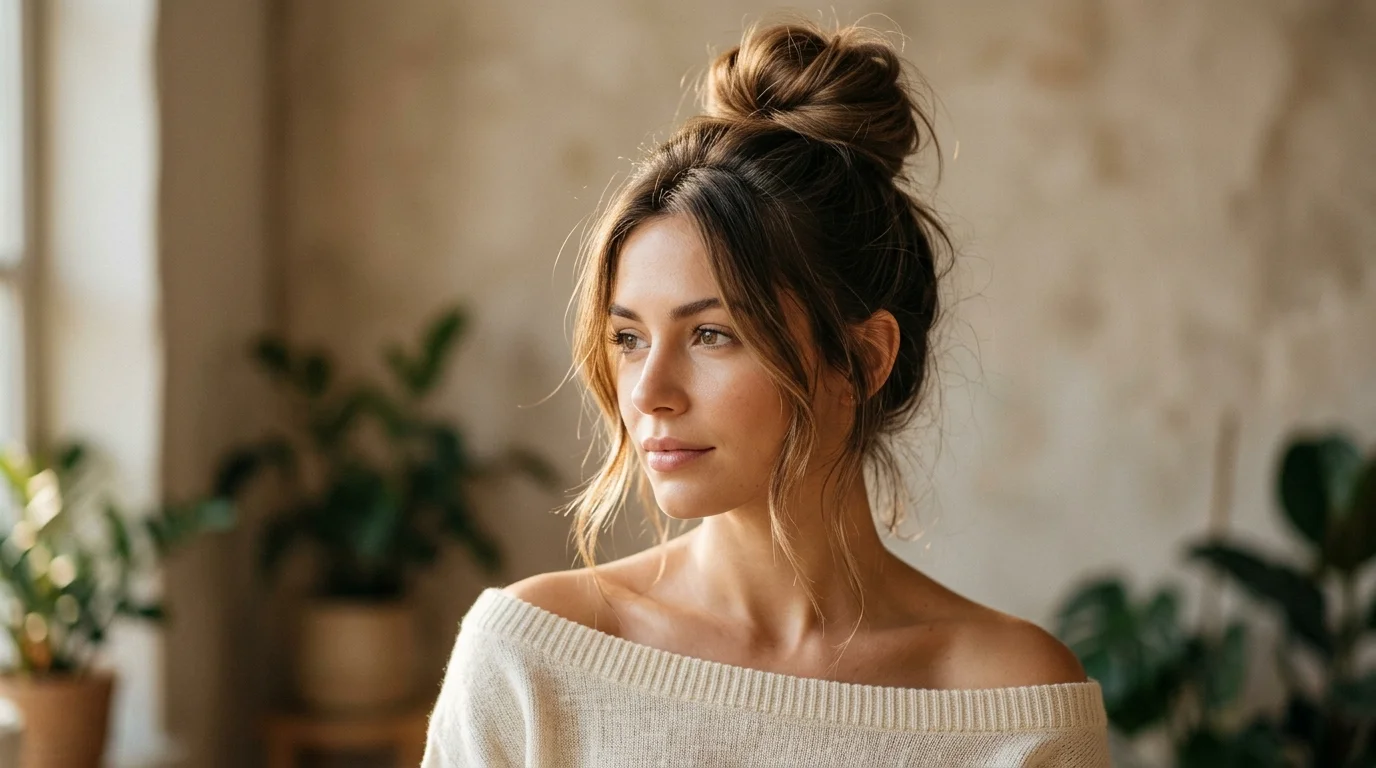 Top knot with soft wisps hairstyle for family photos