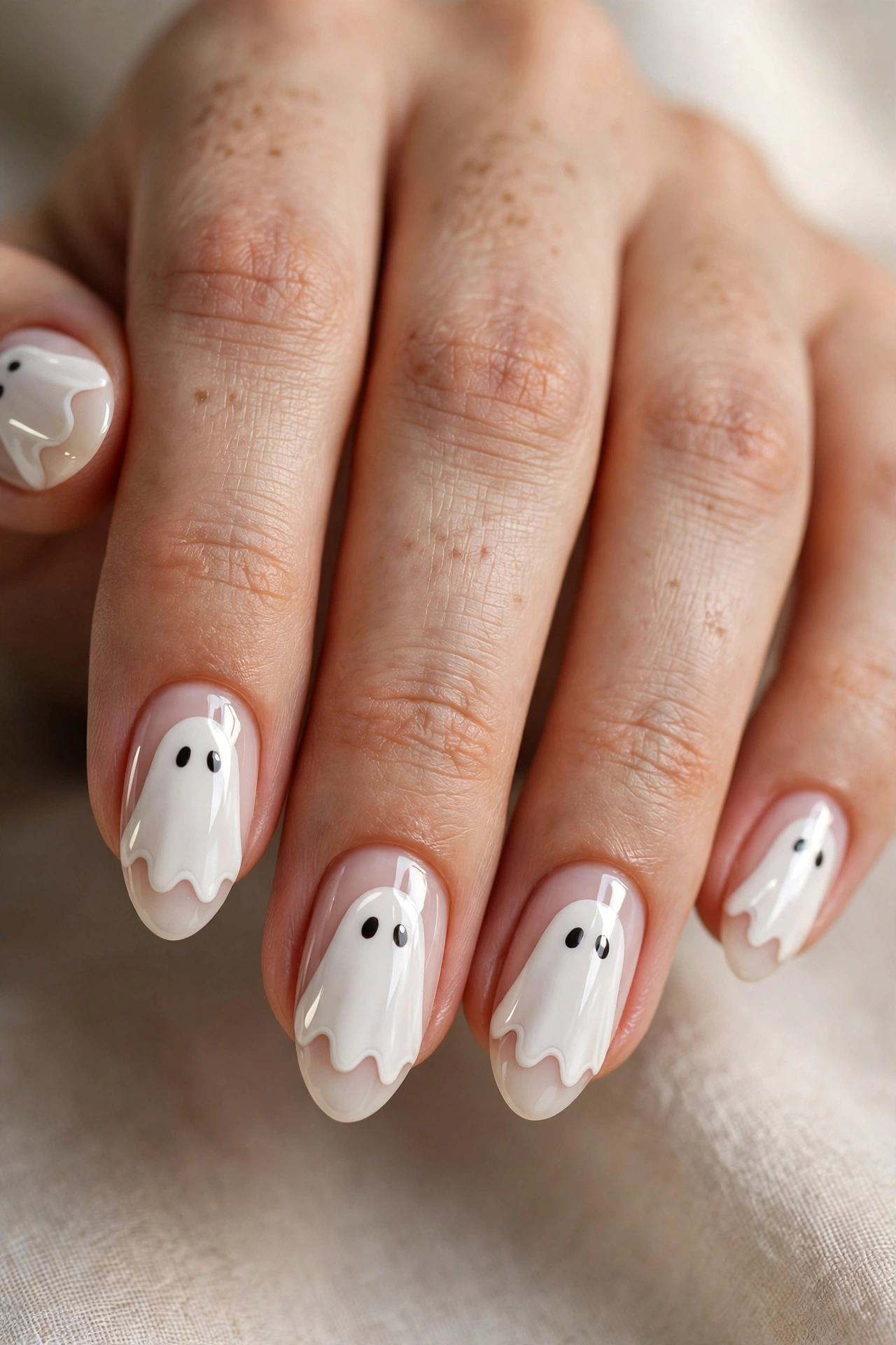 Classic milky white ghost nail designs on almond nails worn on real hands