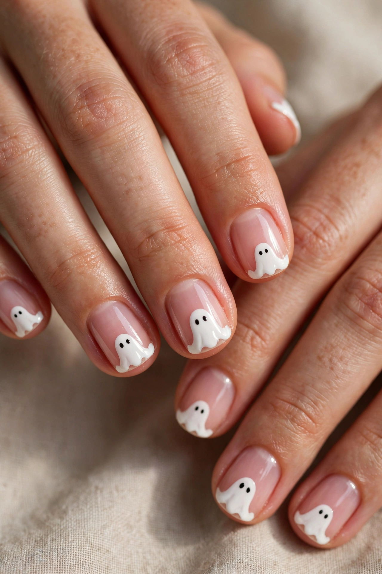 Ghost French tip Halloween nail designs on sheer pink nails on real hands