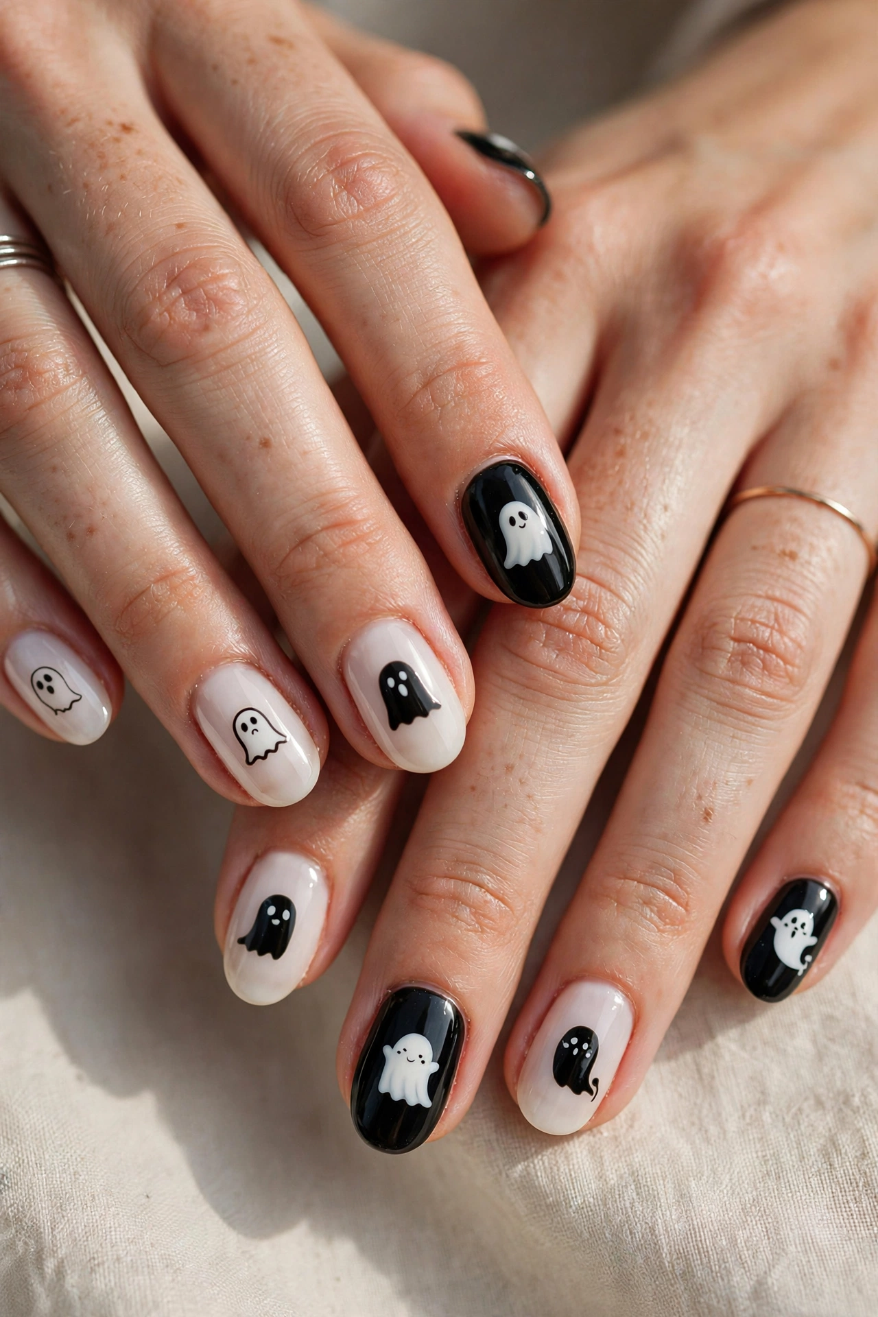 Black and white mix and match ghost nail designs for Halloween on real hands