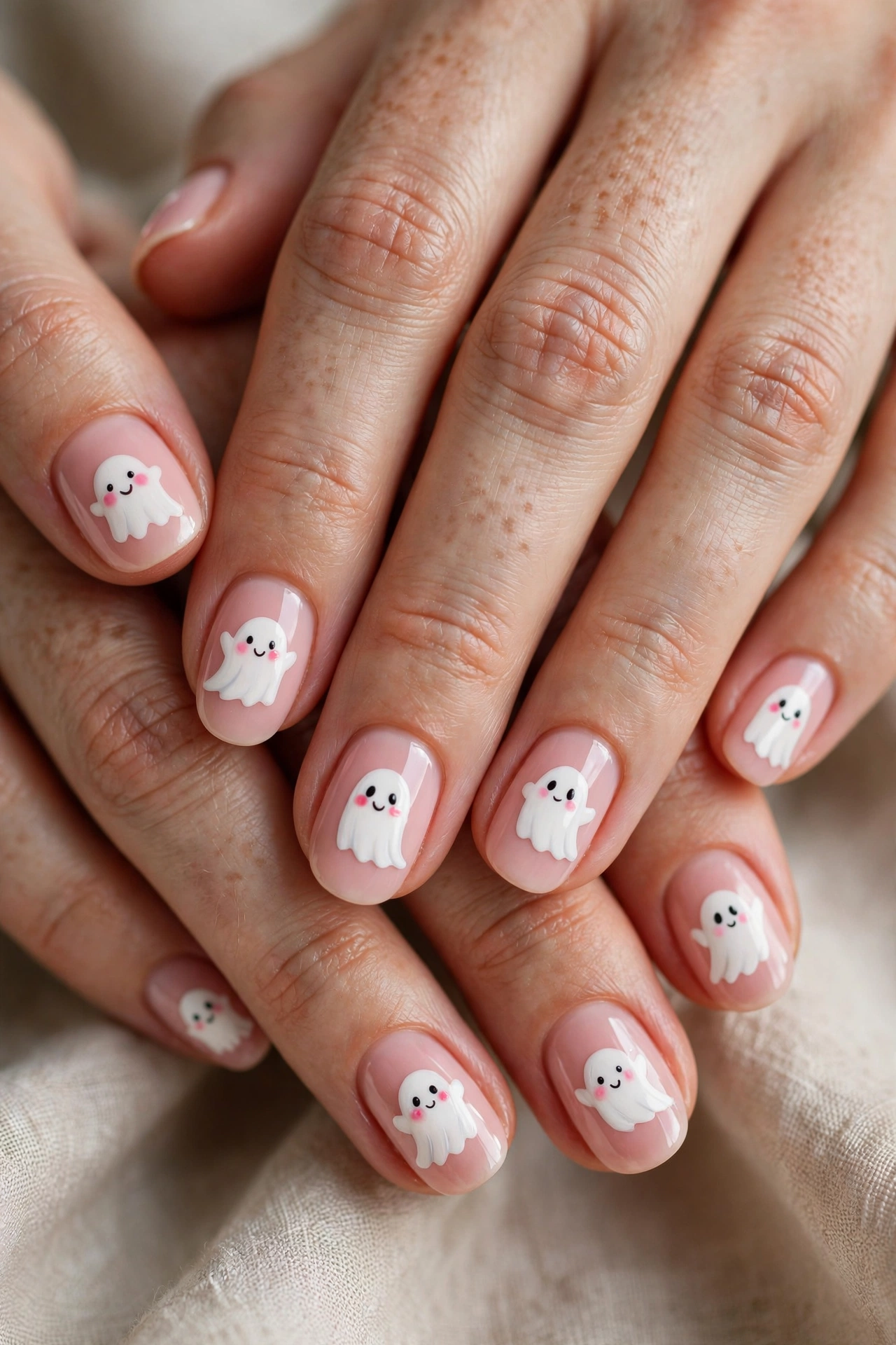 Cute pink ghost nail designs with blush cheeks for Halloween on real hands