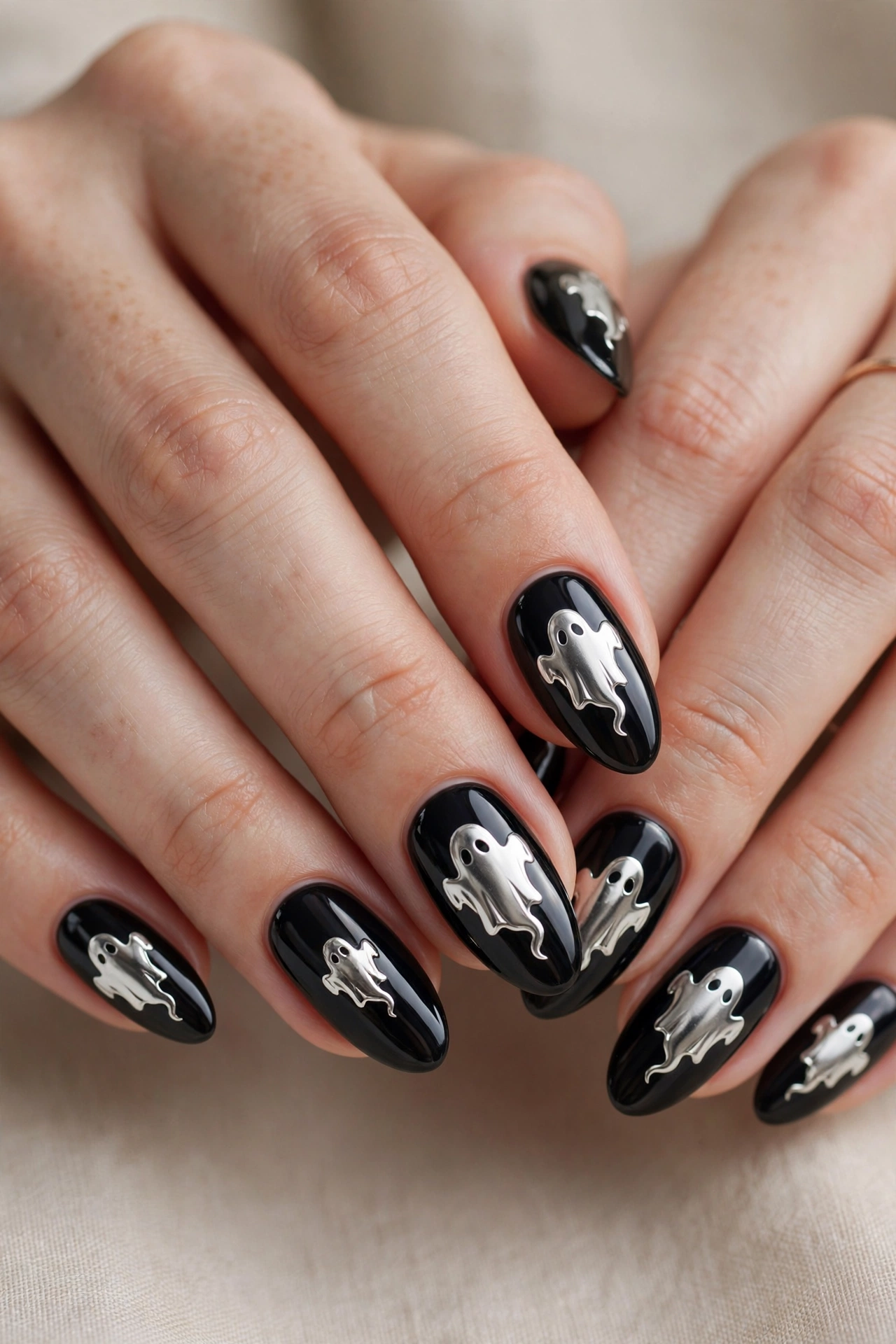Chrome ghost nail designs on midnight black Halloween nails on real hands