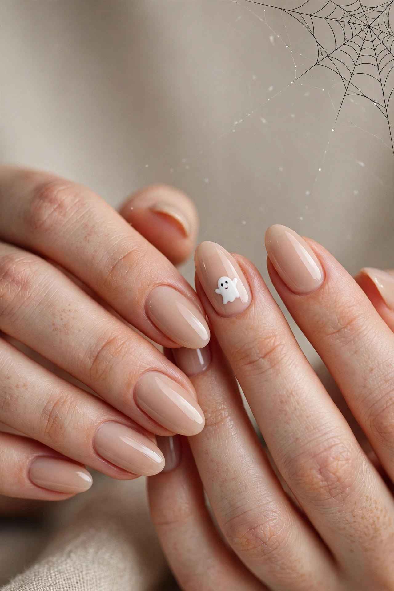 Tiny ghost accent nail design with spiderweb Halloween nails on real hands