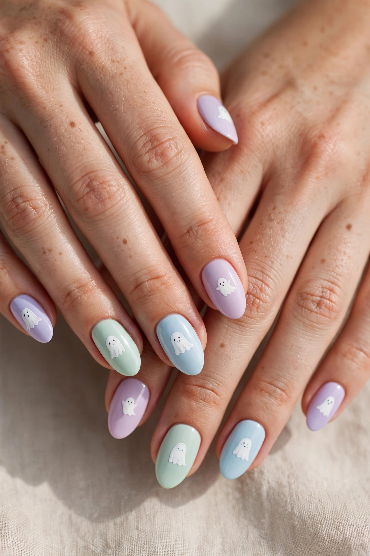Pastel ghost nail designs in lavender and mint for cute Halloween nails on real hands