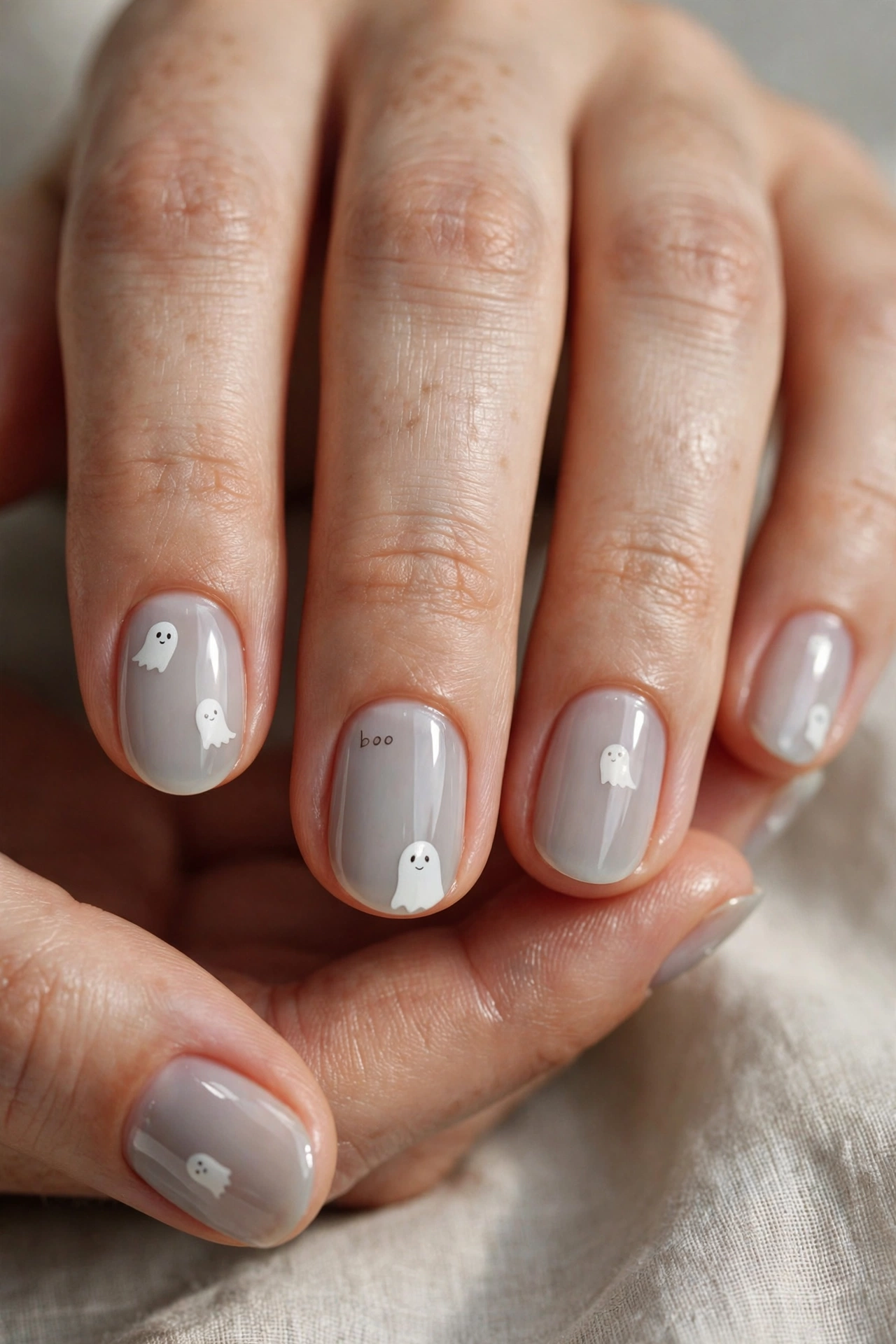 Ghost nail designs with boo lettering Halloween nail art on real hands
