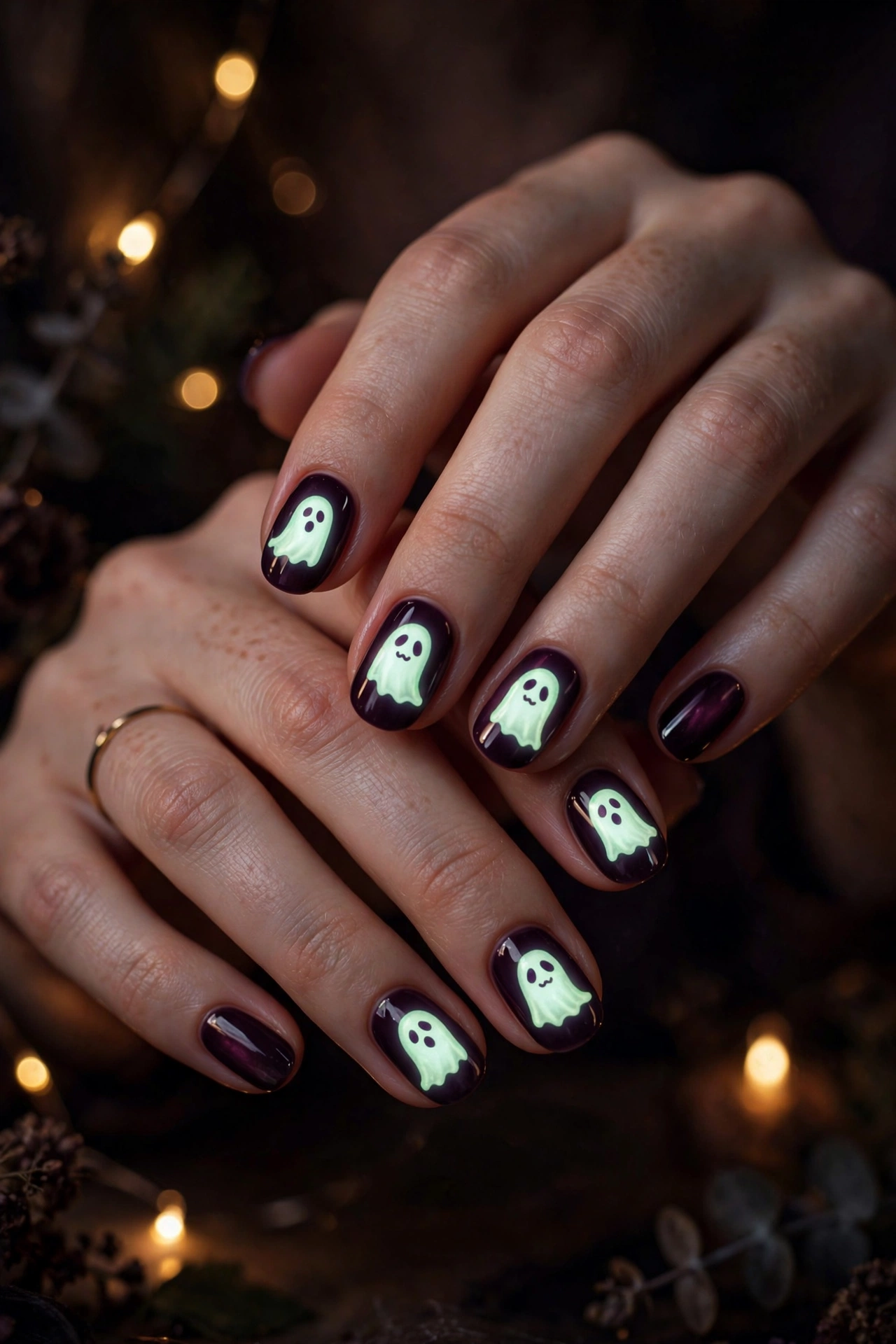Glow in the dark ghost nail designs for Halloween parties on real hands