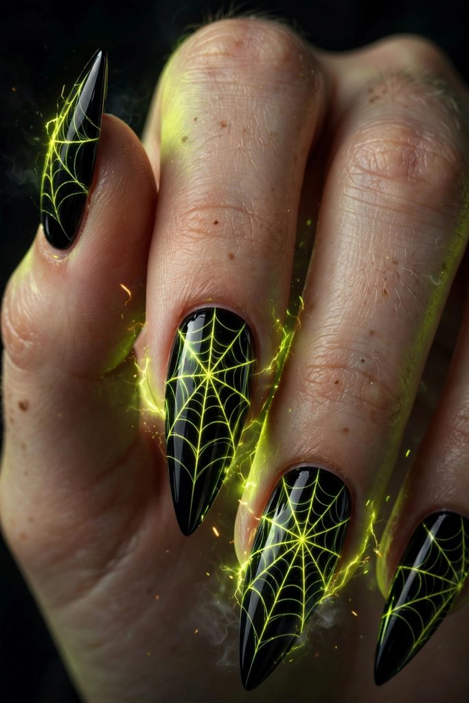 Neon spiderweb glow in the dark Halloween nails