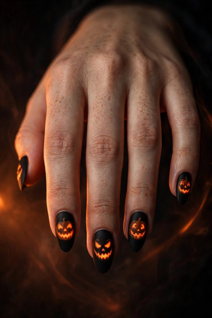 Glowing jack-o-lantern Halloween nails