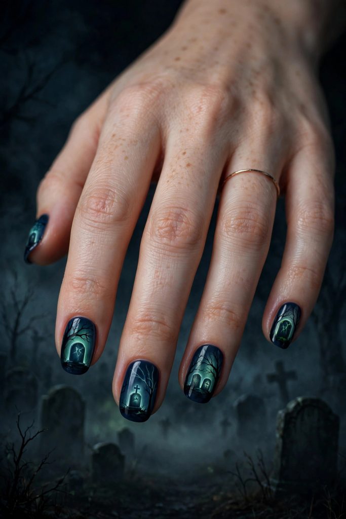 Haunted graveyard glow in the dark Halloween nails