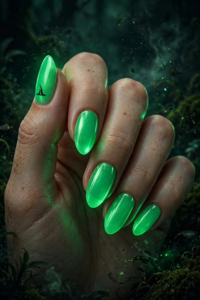 Wicked witch green glow Halloween nails