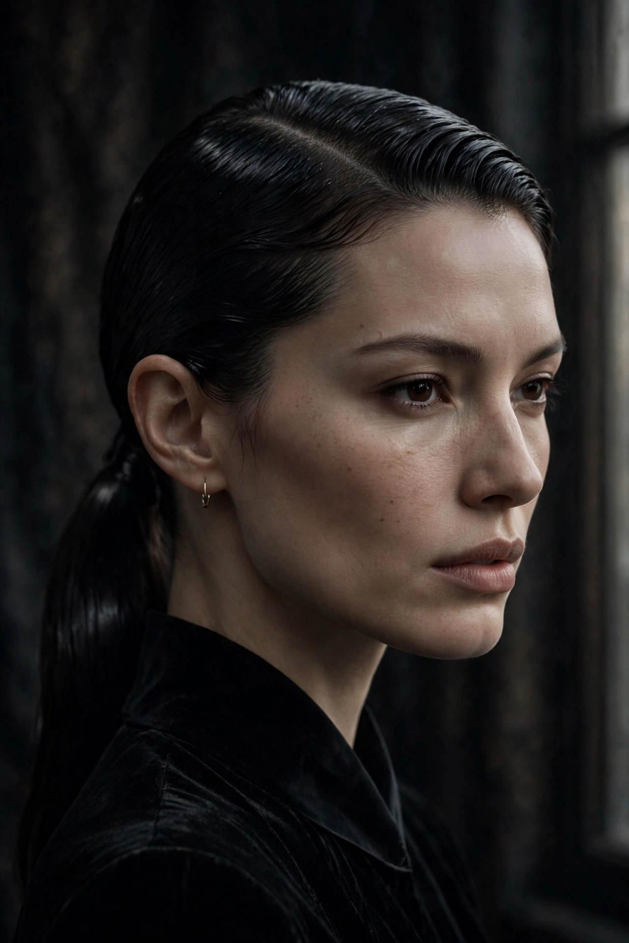 Slicked back vampire ponytail Halloween hairstyle with deep side part