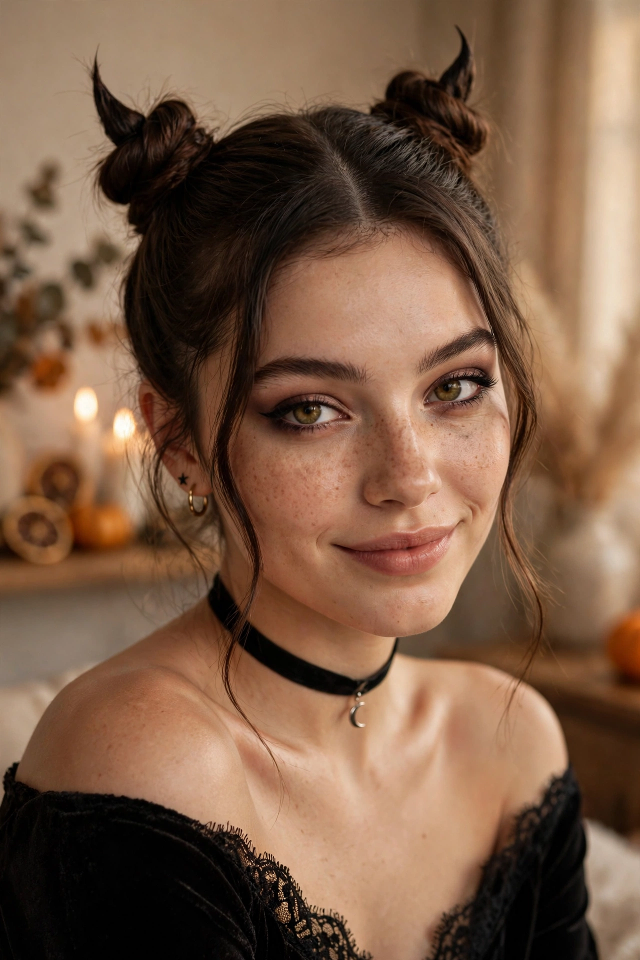 Two mini devil horn space buns last minute Halloween hairstyle