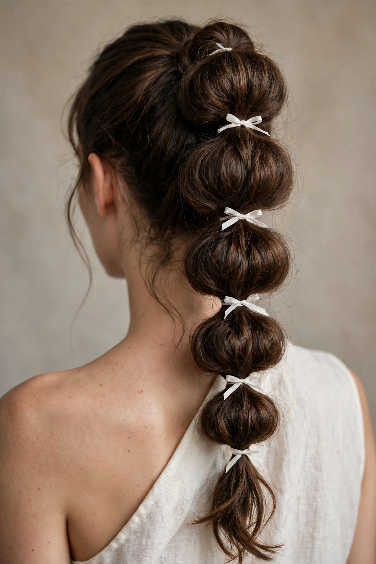 Bubble braid ghost ponytail Halloween hairstyle with white ribbon ties