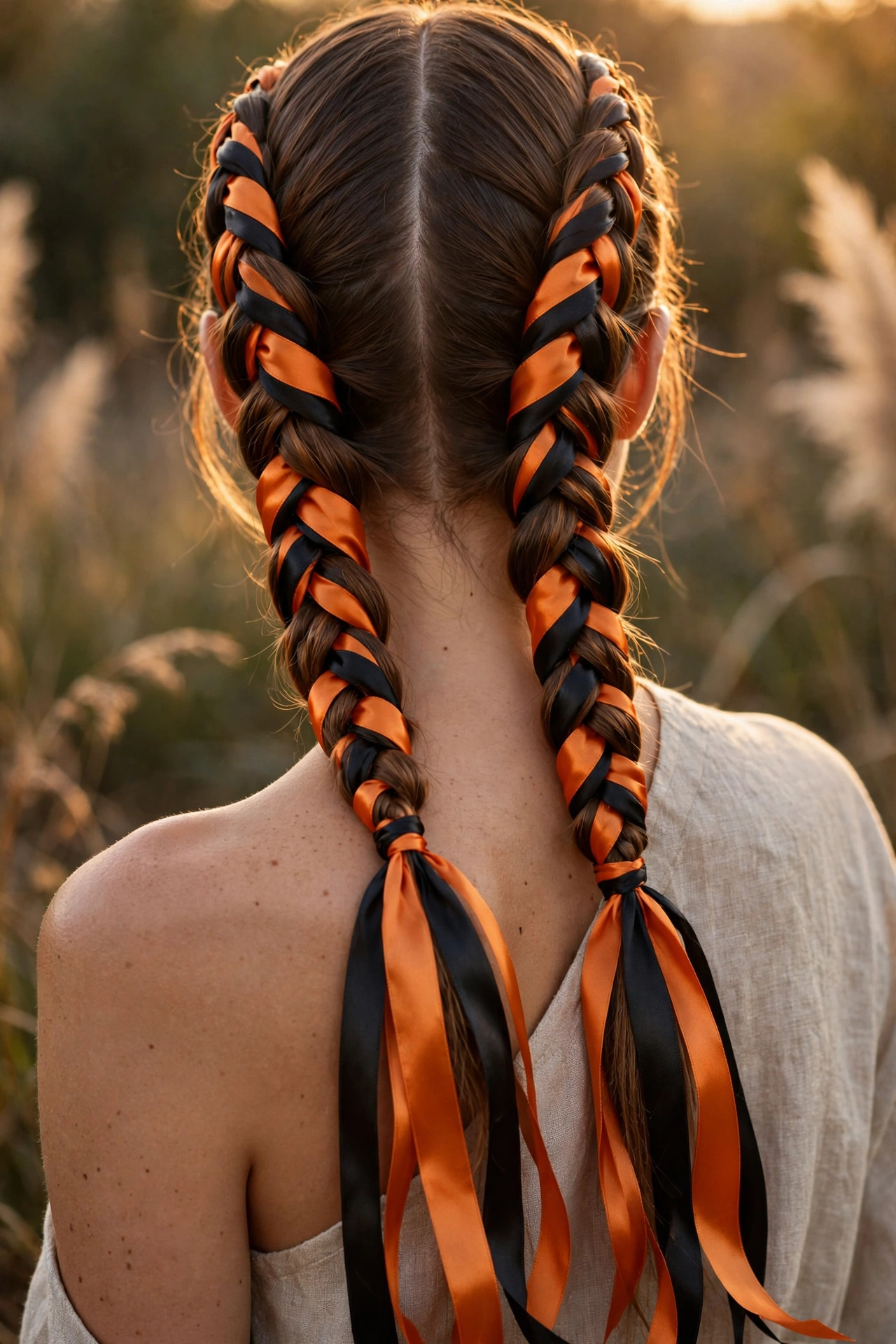 Two braids woven with orange and black ribbon for last minute Halloween hair