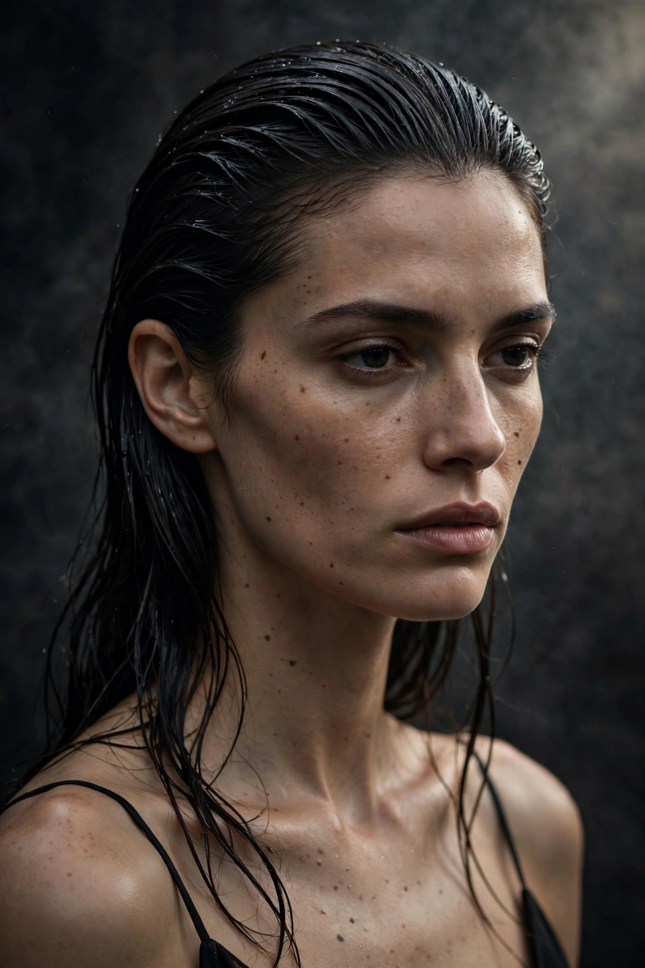 Wet look siren swept back Halloween hairstyle with glossy finish