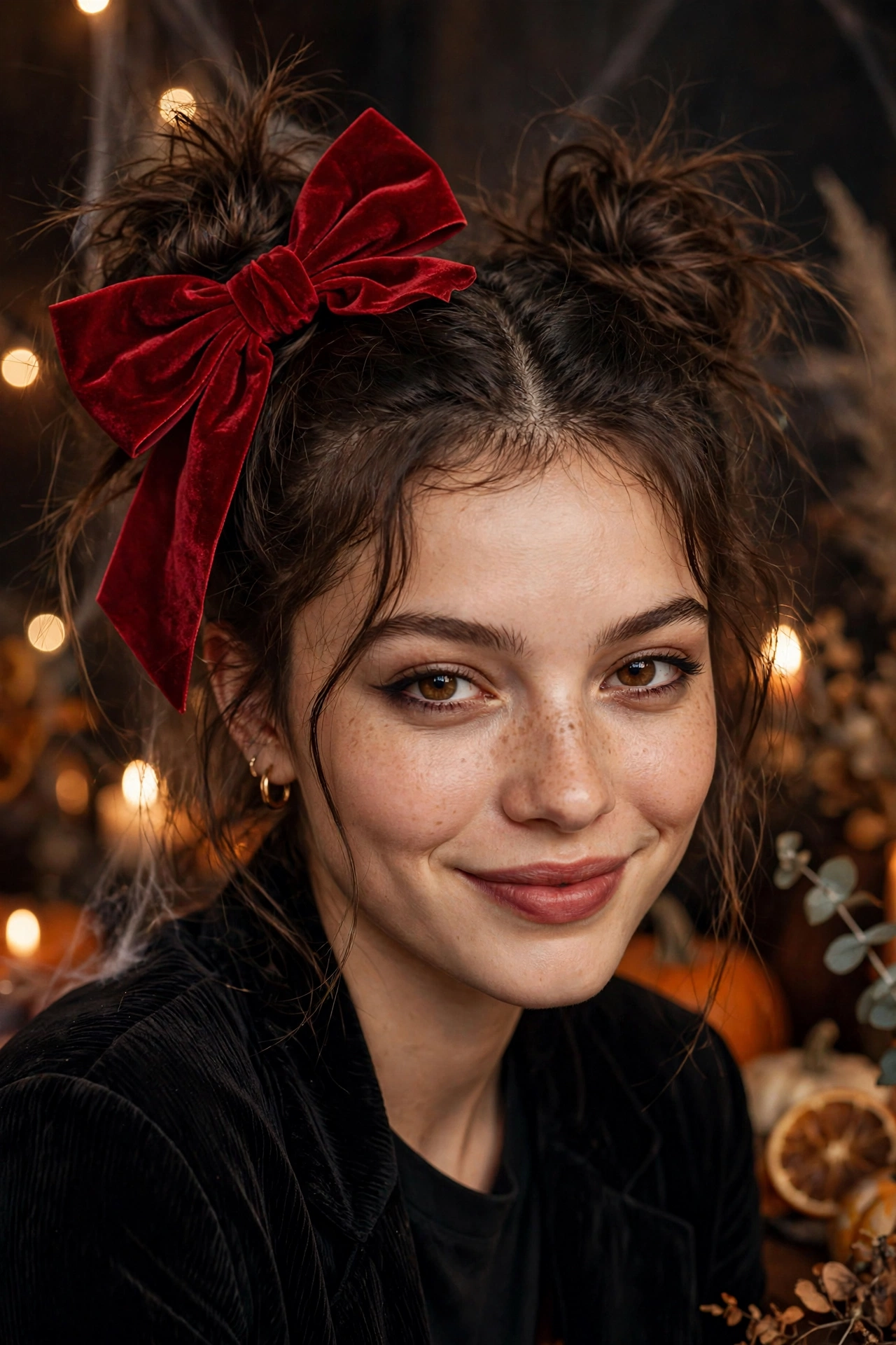 Space buns with oversized red bow last minute Halloween hairstyle