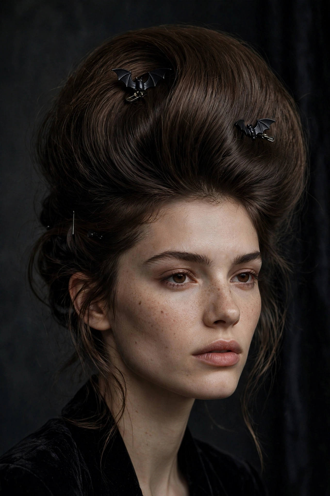 Teased voluminous crown with black bat hair clips Halloween hairstyle