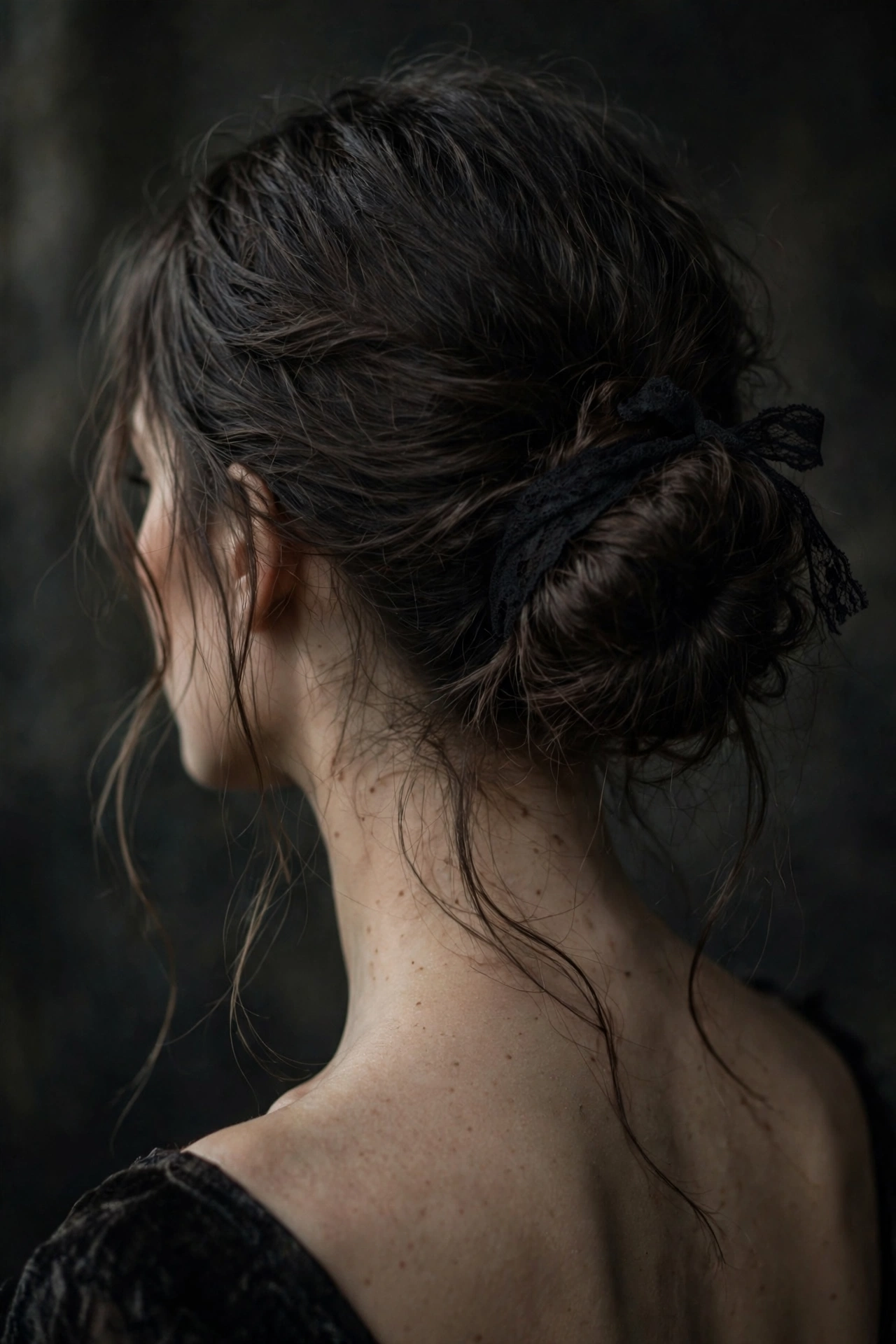 Low messy chignon with black lace ribbon Halloween hairstyle