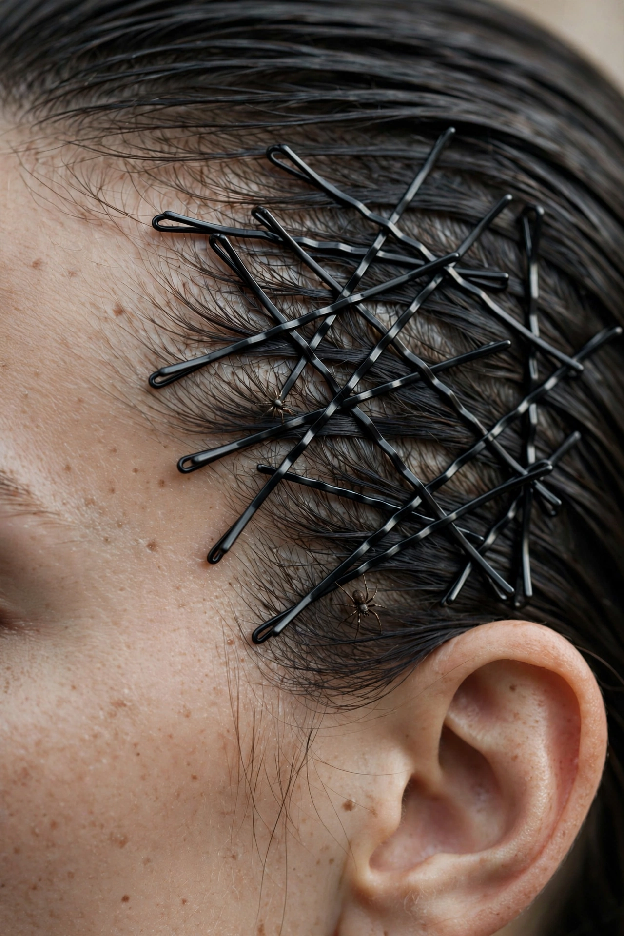 Criss cross bobby pin spiderweb detail at temple Halloween hairstyle