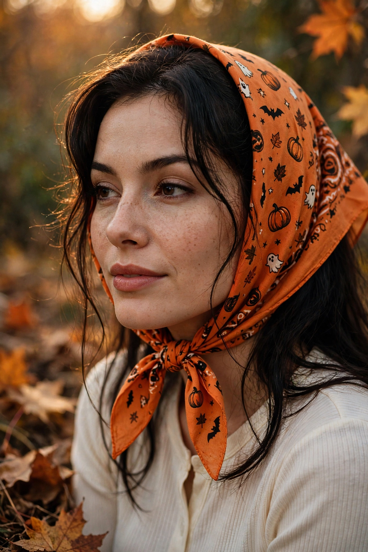 Orange bandana headscarf tied under chin retro Halloween hairstyle
