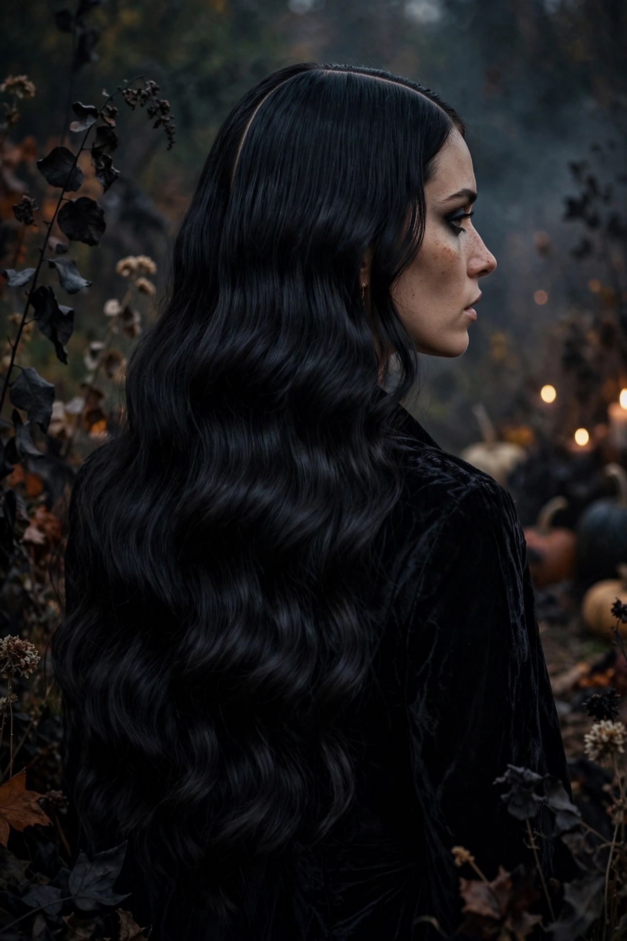 Halloween hairstyles for long hair witchy waves with center part on a real woman