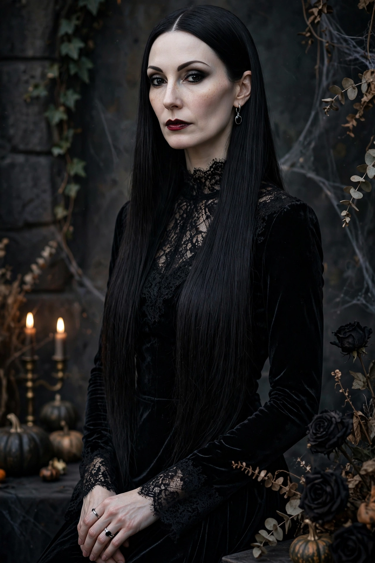 Halloween hairstyles for long hair Morticia sleek straight glass hair on a real woman