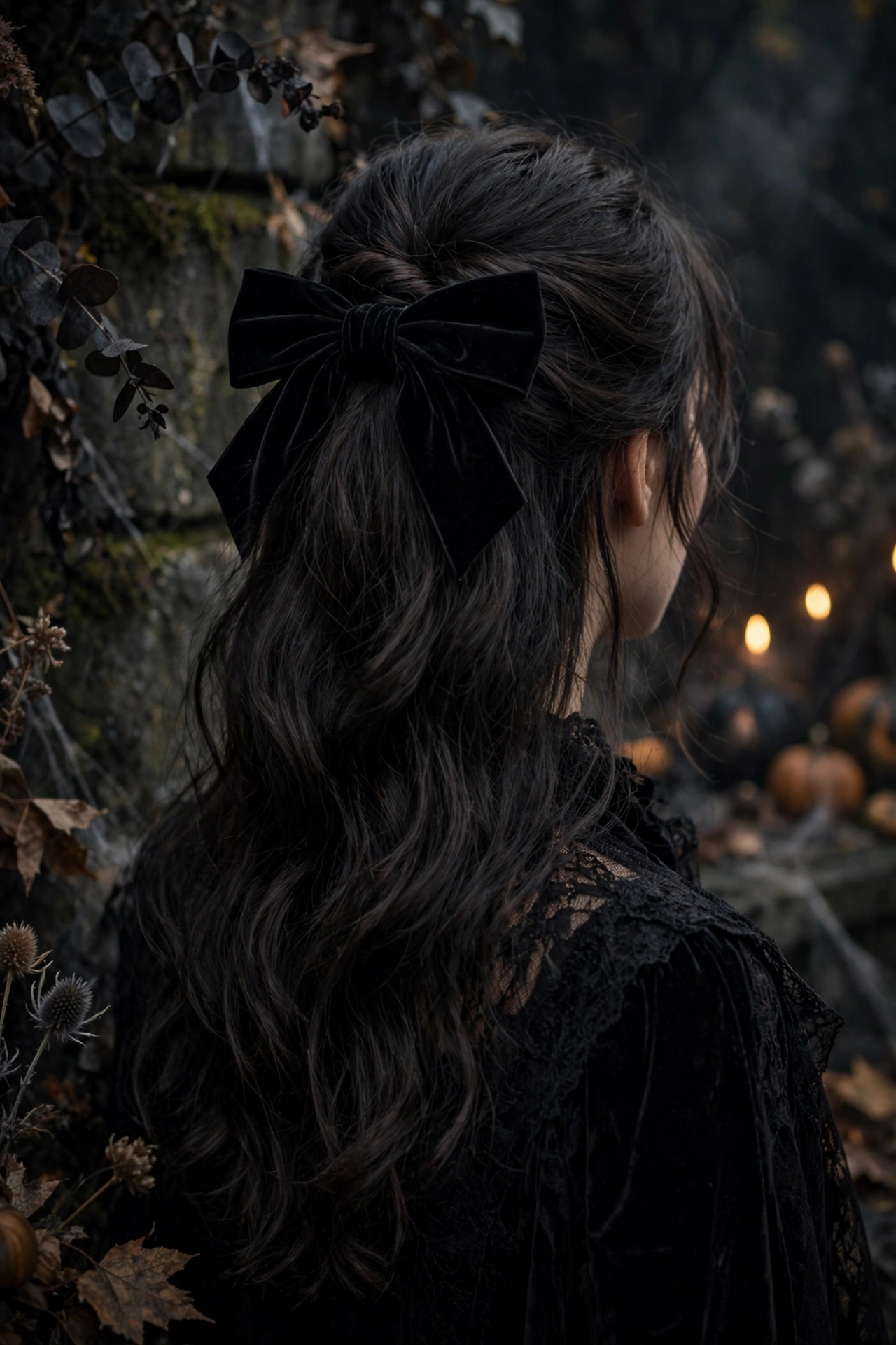 Halloween hairstyles for long hair vampire half up with black velvet ribbon bow on a real woman