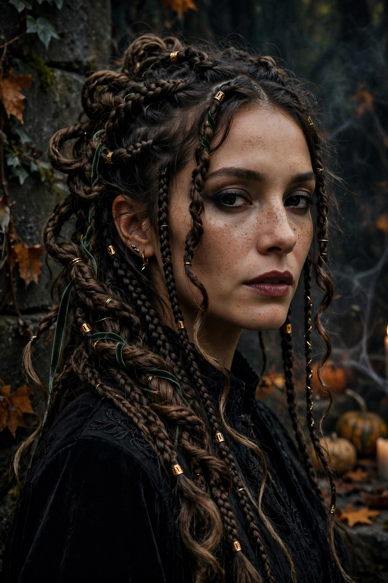 Halloween hairstyles for long hair Medusa braids with gold cuffs on a real woman