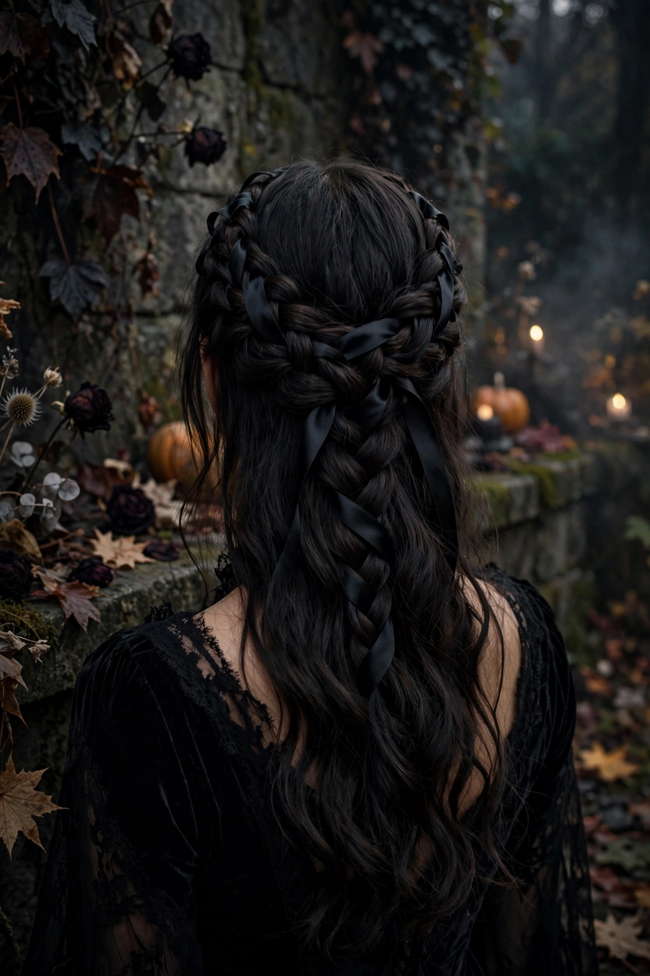 Halloween hairstyles for long hair gothic crown braid with black ribbon on a real woman