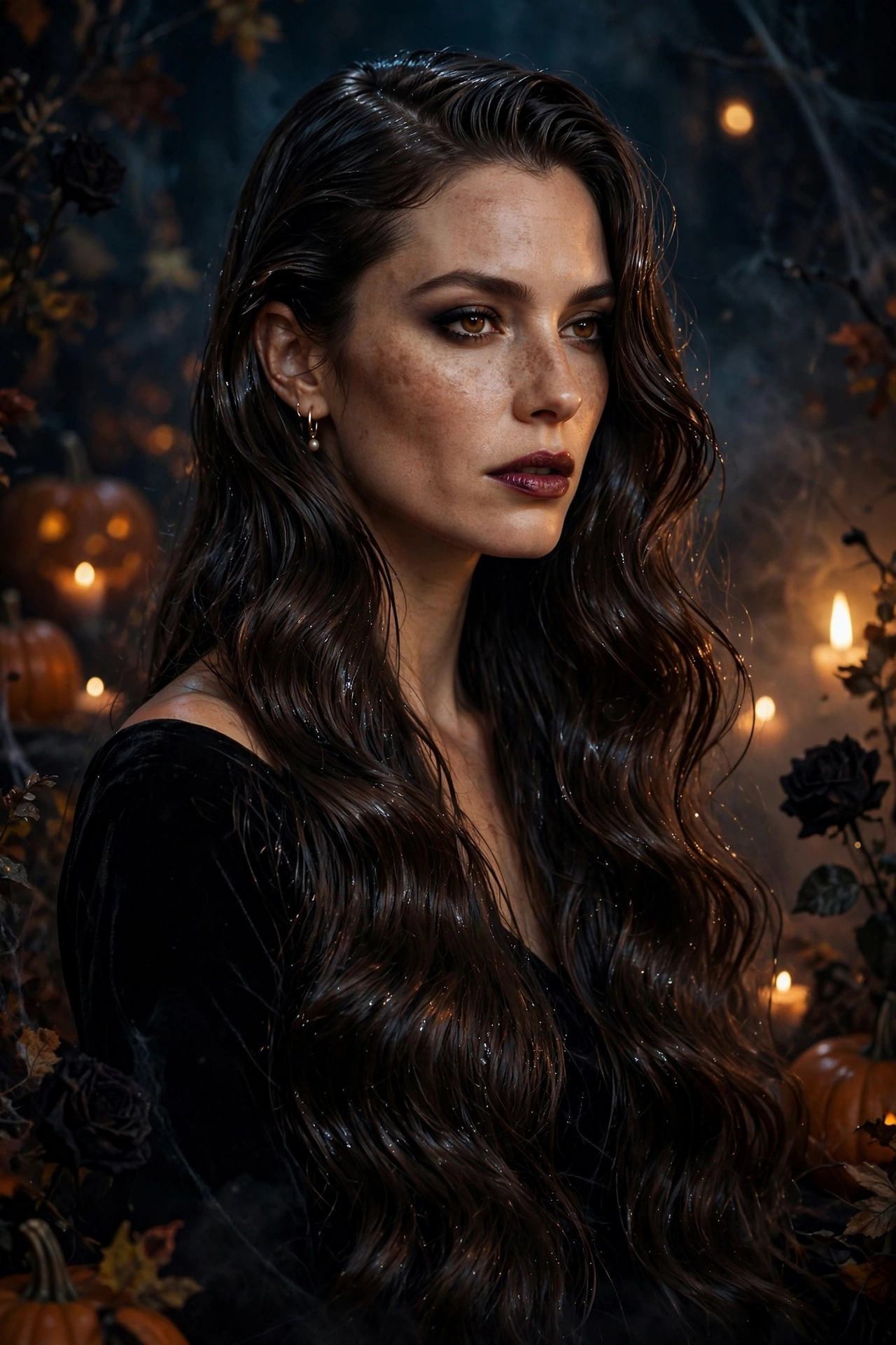 Halloween hairstyles for long hair siren wet look waves deep side part on a real woman