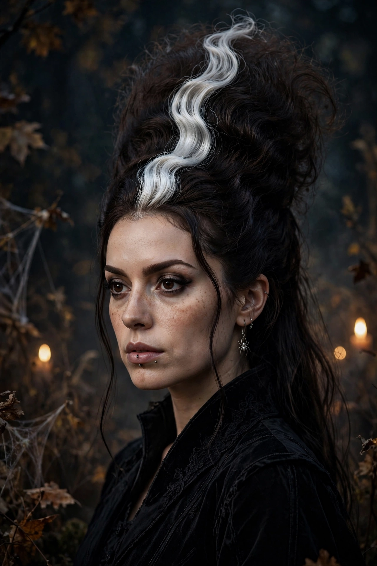 Halloween hairstyles for long hair Bride of Frankenstein volume with silver streak on a real woman