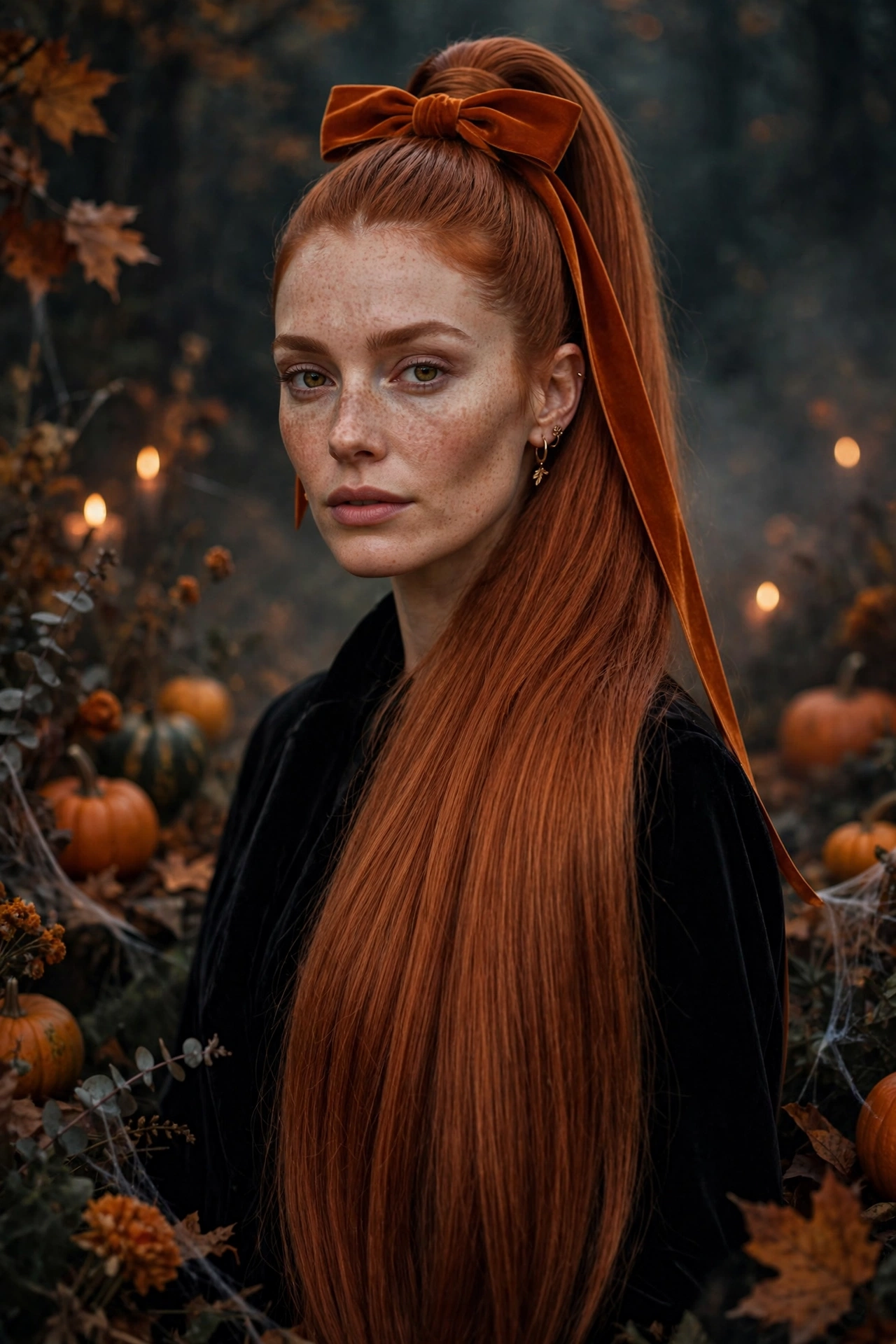 Halloween hairstyles for long hair high pumpkin ponytail with orange bow on a real woman