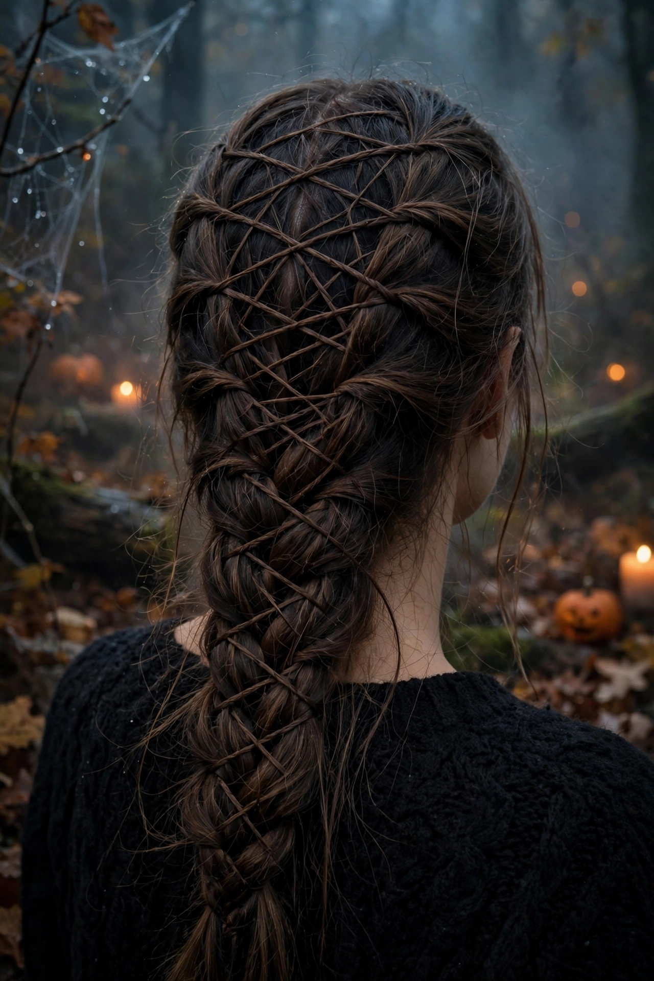 Halloween hairstyles for long hair spiderweb ladder braid back view on a real woman